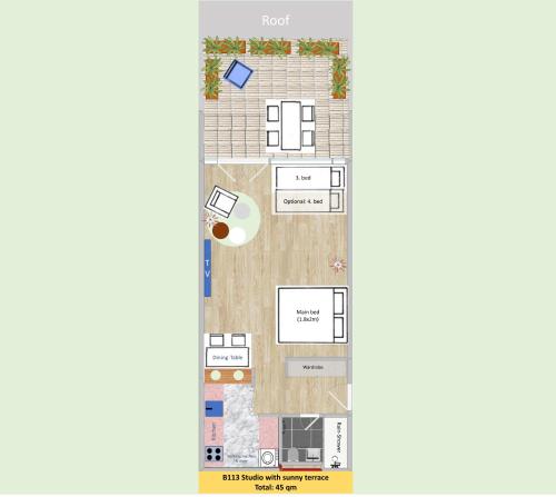 a plan of a floor plan of a building at New Studio with Sunny Terrace & Air Condition in Zürich