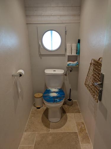 Elle comprend une petite salle de bains pourvue de toilettes avec un siège bleu. dans l'établissement Les pierres qui parlent, à Précilhon