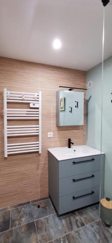 une salle de bain avec un lavabo et un miroir dans l'établissement Maison en Ardèche, à Empurany