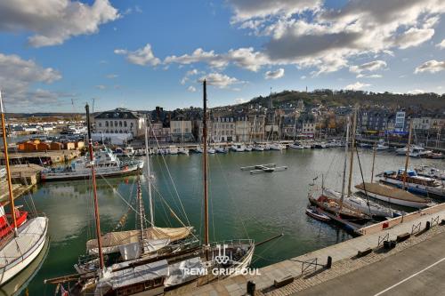 un groupe de bateaux amarrés dans un port dans l'établissement La Demeure du Clocher 4 AC On the Port & Place Sainte-Catherine 8 g, à Honfleur