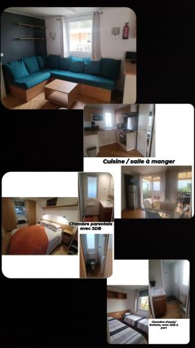 un collage de quatre photos d'une pièce dans l'établissement Mobile home Grand confort, à Lège-Cap-Ferret