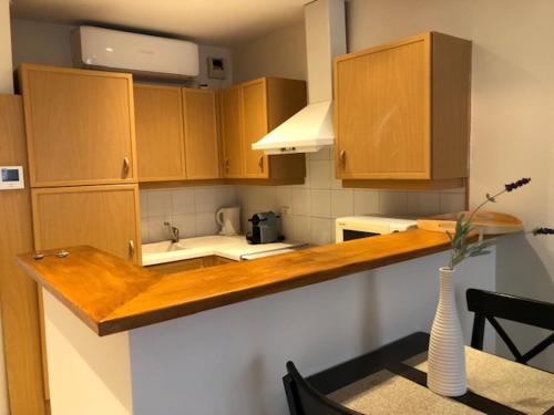 une cuisine avec des placards en bois et un vase sur un comptoir dans l'établissement merimée 4G, à Cannes