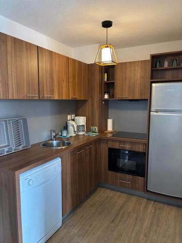 La cuisine est équipée de placards en bois, d'un évier et d'un lave-vaisselle. dans l'établissement Chez Claire à Isola 2000, à Isola 2000