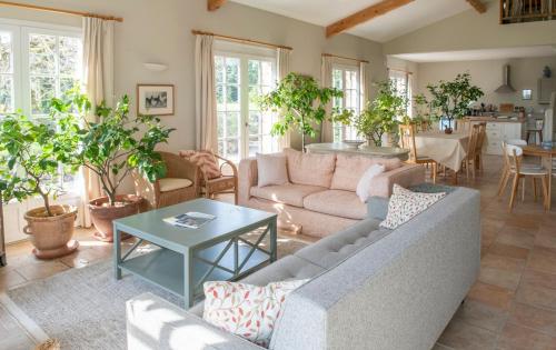 un salon avec un canapé et une table dans l'établissement Cottage in French Tuscany, à Roquemaure