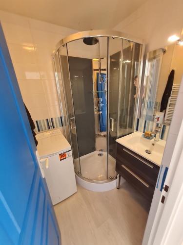 une salle de bain avec douche et lavabo dans l'établissement Bel Appart 6 pers, terrasse, vue Golf Port Bourgenay, à Talmont-Saint-Hilaire