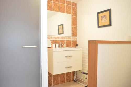 une salle de bain avec un lavabo et un miroir dans l'établissement Appart 2 pièces 2 couchages BANYULS SUR MER BN000-09A, à Banyuls-sur-Mer