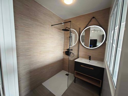 une salle de bain avec un lavabo et un miroir dans l'établissement Studio Desobeissance Village Naturiste, au Cap d'Agde