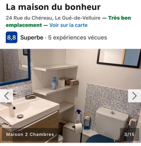 une salle de bain avec un lavabo blanc et des toilettes dans l'établissement La maison du bonheur, à Le Gué-de-Velluire
