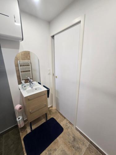 une salle de bain avec un lavabo et un miroir dans l'établissement Charmante Maison au calme, à Saint-Denis-le-Ferment