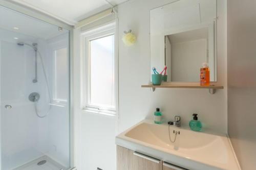 Saint-GenièsにあるCamping Les Truffières de Dordogne - Maevaの洗面台、鏡、シャワー付きのバスルーム