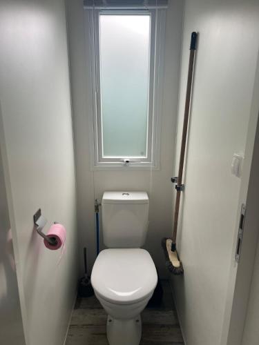 La salle de bains est pourvue de toilettes blanches et d'une fenêtre. dans l'établissement Mobilhome tout confort 534, à La Teste-de-Buch