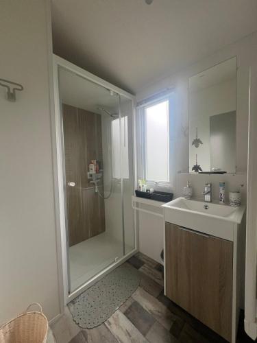 une salle de bain avec une douche, un lavabo et un miroir dans l'établissement Mobilhome tout confort 534, à La Teste-de-Buch