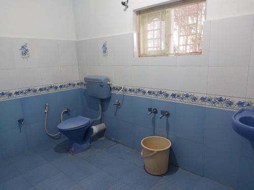 a bathroom with a blue toilet and a sink at GEM Stays in Ooty