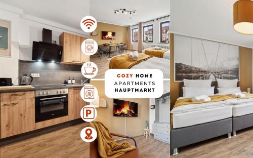 a kitchen and a bedroom with a bed in a room at CozyHome Hauptmarkt Apartments in Gotha