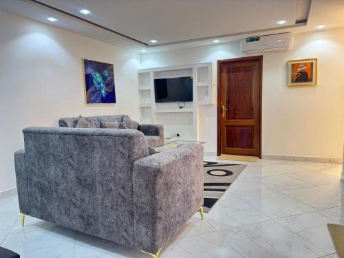 a living room with two couches and a television at Résidence Cheikh Mahy Cisse Appartements, studios et chambres a louer meublé et climatisé in Kaolack