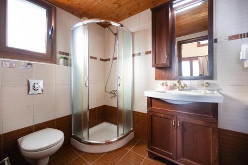een badkamer met douche, toilet en wastafel bij Yasemi by Vintage Travel in Sivota