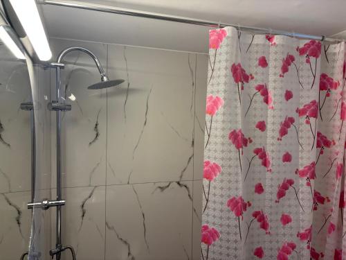a shower curtain with pink flowers on it in a bathroom at Rosi Rhodos in Rhodes Town