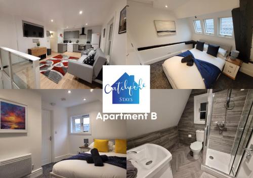 a collage of three pictures of a hotel room at City Centre Wallgate Apartments- Step back into Roman history in Colchester