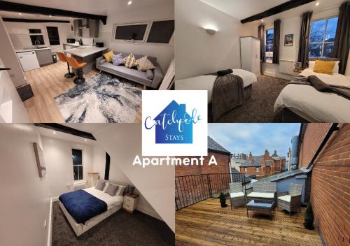 a collage of photos of a room with a hotel apartmenta at City Centre Wallgate Apartments- Step back into Roman history in Colchester