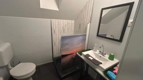 a bathroom with a sink and a toilet and a mirror at Futrinka Vendégház in Baja