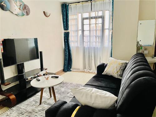 a living room with a black couch and a tv at Lexabensa stays in Nairobi