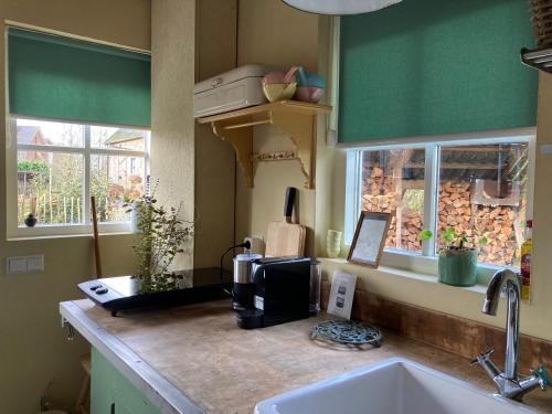 cocina con fregadero y encimera con cafetera en Pluk het Geluk, en Laag-Soeren