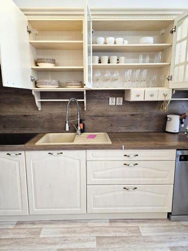 a kitchen with white cabinets and a sink at Prostorný apartmán v centru - Wi-Fi, Netflix in Hradec Králové