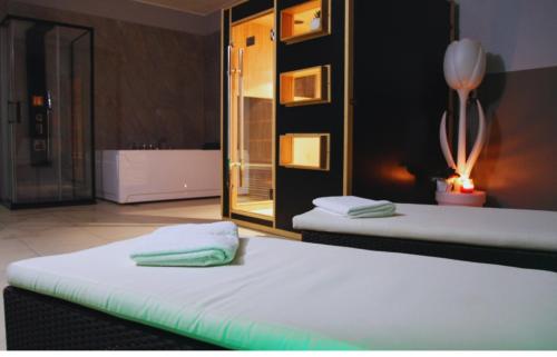 ガルドーネ・リヴィエラにあるHappy Hotel Atelier Gardone Riviera Centro & Spaの鏡付きの客室内のツインベッド2台