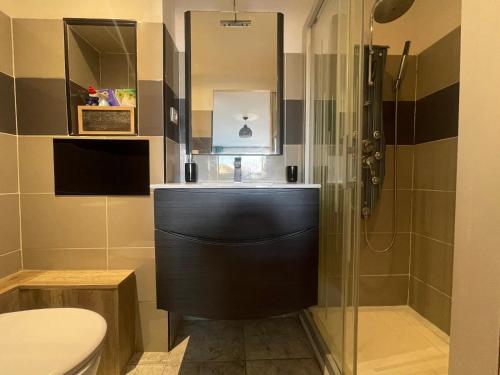 une salle de bain avec douche et toilettes dans l'établissement Studio 'Soleil et Liberté' - Village Naturiste, au Cap d'Agde