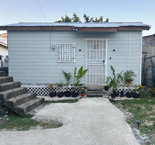 a blue house with potted plants in front of it at The CoZia in Belize City