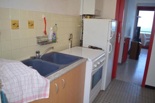 une cuisine avec un évier et un réfrigérateur blanc dans l'établissement Appart 2 pièces 4 couchages BANYULS SUR MER BN070-015, à Banyuls-sur-Mer