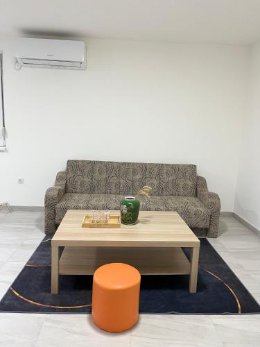 a living room with a coffee table and a couch at Airport Art Villa in Surčin