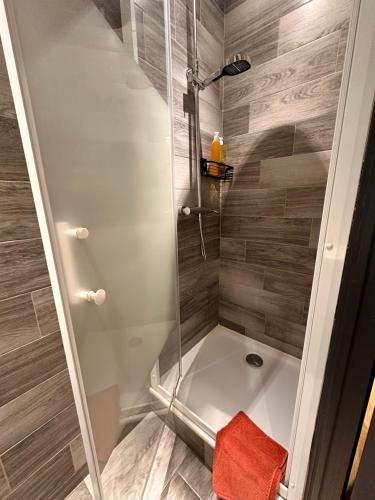 La salle de bains est pourvue d'une douche et d'une serviette rouge. dans l'établissement Appartement avec balcon, centre Cannes, à Cannes