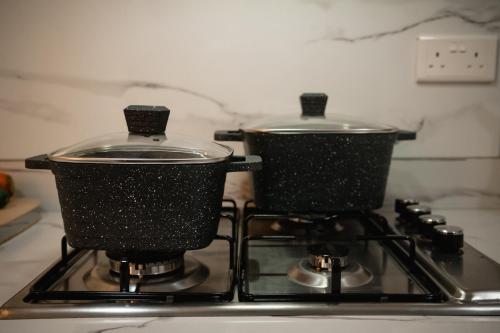 two pots sitting on top of a stove at RS Royal Executive Luxurious 3BR Apartment F3-3 and 2BR Apartment F3-2 in Pantang