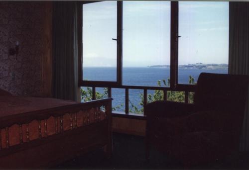 a room with a window with a view of the ocean at Laguneclub - Su casa de campo in Frutillar