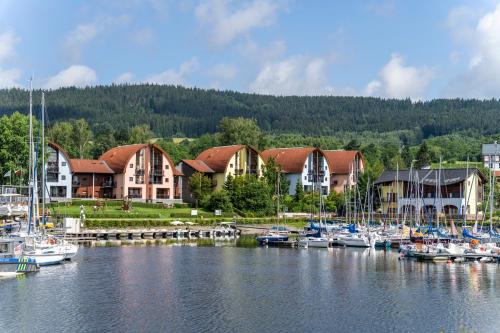 a group of boats docked in a marina with houses at Landal Marina Lipno in Lipno nad Vltavou