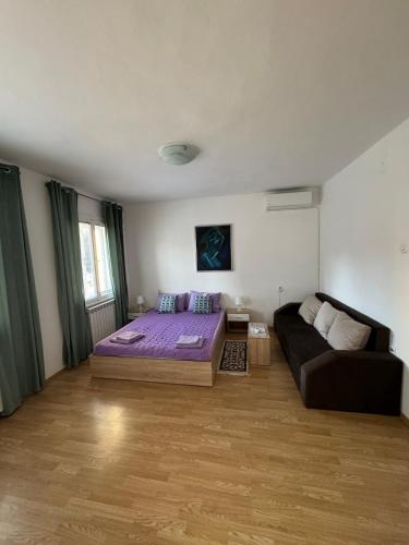 a living room with a bed and a couch at City Center Punte Apartment in Skopje