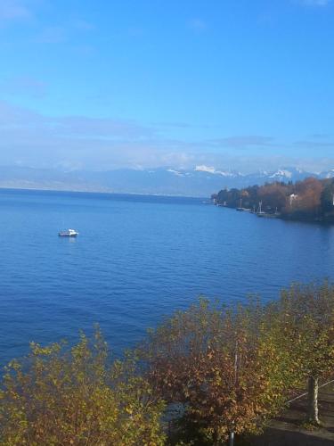 a boat in the middle of a large body of water at Bellerive, pieds dans l'eau lac & montagnes in Publier