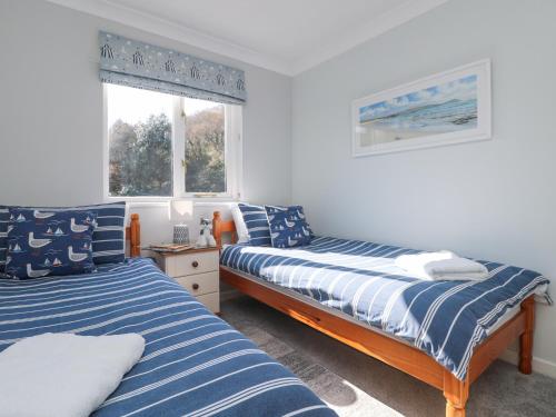 a bedroom with two beds and a window at Foxglove Cottage in Falmouth