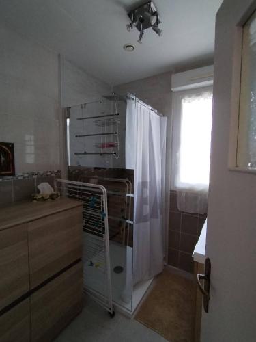 a bathroom with a shower and a shower curtain at CHEZ MIMONa in Lage