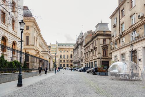 a street in a city with buildings and a glass dome at Heart of Old Town in Bucharest