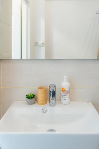 a bathroom sink with a bottle of soap and a coffee maker at Heart of Old Town in Bucharest