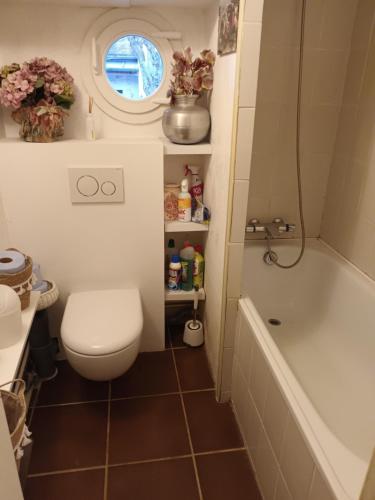 a small bathroom with a toilet and a bath tub at Annexe indépendante in Bourron-Marlotte