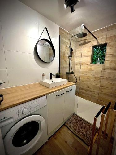 une salle de bain avec une machine à laver et un lavabo dans l'établissement Petite maison avec terrasse, à La Penne-sur-Huveaune