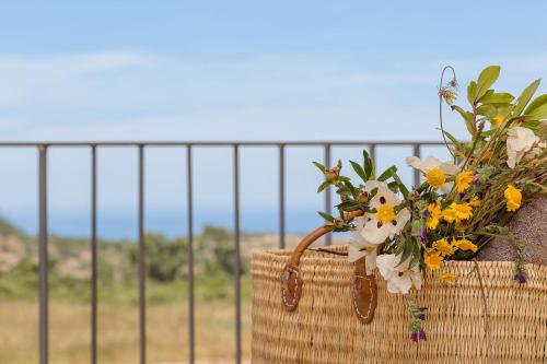 a basket filled with flowers on top of a fence at Praia do Canal Nature Retreat - Small Luxury Hotels of the World in Aljezur