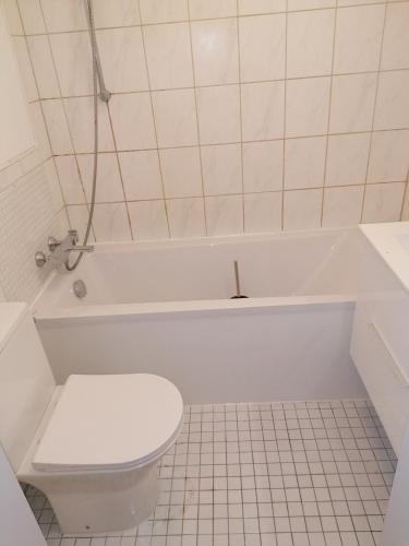 a white bathroom with a toilet and a tub at Entre 2 Rives Strasbourg-Kehl in Kehl am Rhein