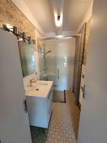 une salle de bain avec un lavabo blanc et une douche dans l'établissement Maison de bourg proche de la mer, à Damgan