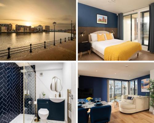 a collage of four pictures of a hotel room at River Side Apartment, City Centre - Beautiful View and Free Parking! in Belfast
