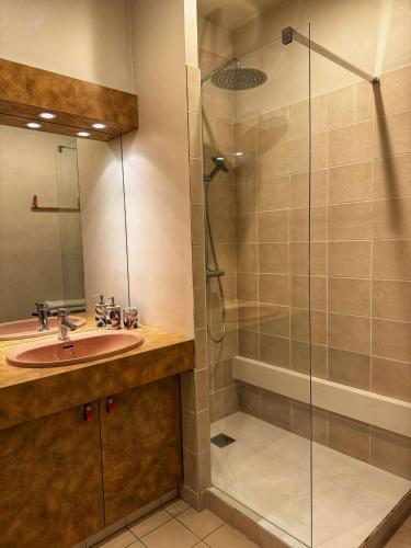 une salle de bain avec un lavabo et une douche dans l'établissement Le seventie's, à Millau