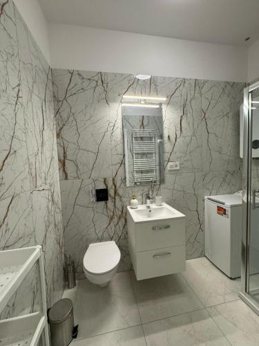 a bathroom with a white toilet and a sink at Apartament Kapitańska in Szczecin
